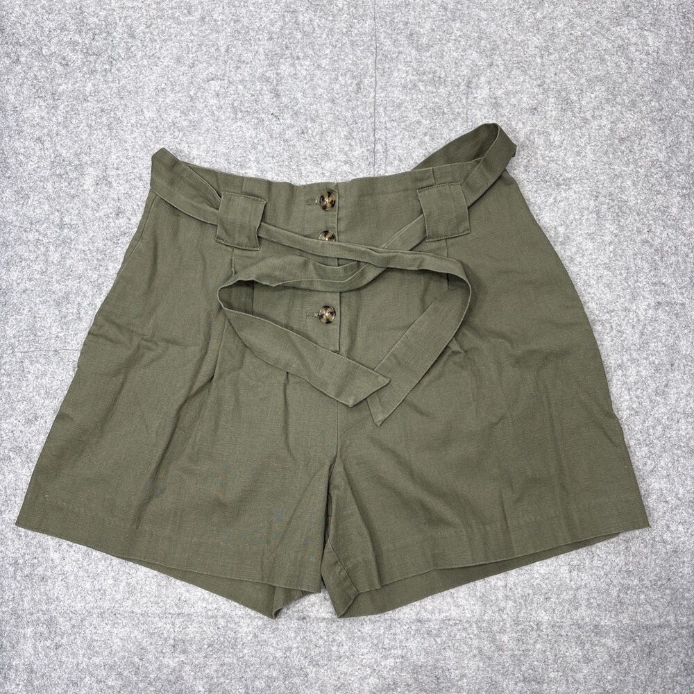 ASOS High Rise Pleated Shorts Size 8 Olive Green Cotton Tie Belt Button Front